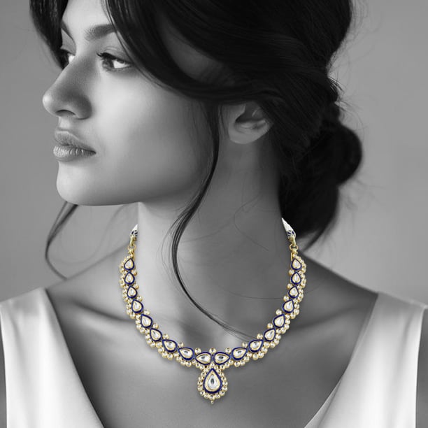 Polki Necklace with Blue Enamel Border